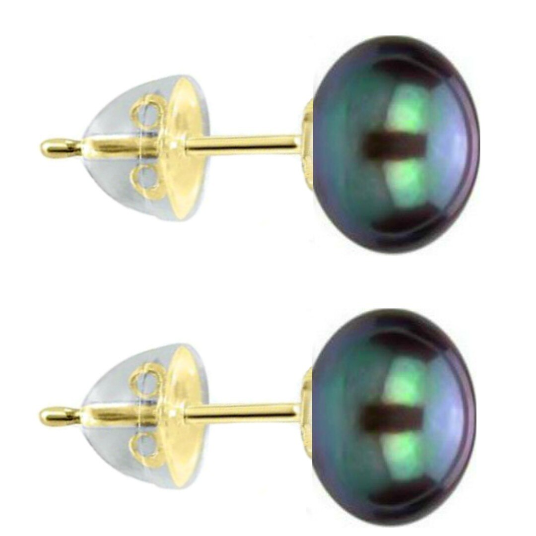 Cercei de Aur cu Perle Naturale Negre de 10 mm si Fluturasi de Aur in Silicon