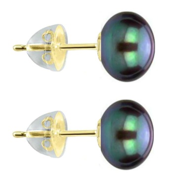 Cercei de Aur cu Perle Naturale Negre de 10 mm si Fluturasi de Aur in Silicon Cercei de Aur cu Perle Naturale Negre de 10 mm si Fluturasi de Aur in Silicon