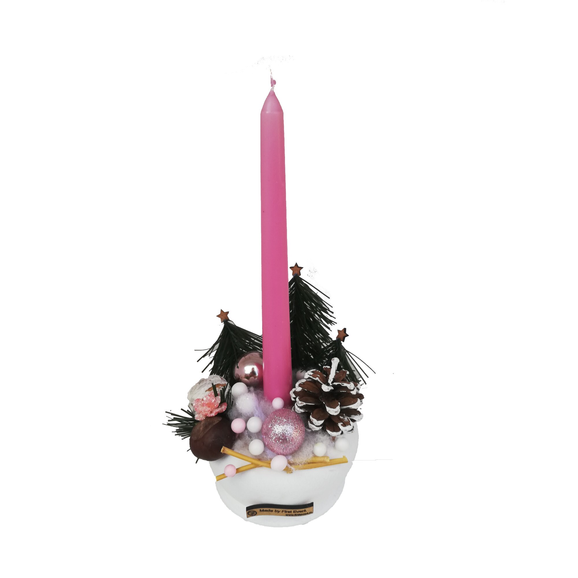 Decoratiune Craciun, First Event, in ghiveci ceramica, cu globuri, braduti, si lumanare, multicolor, dimensiune 28*10 cm