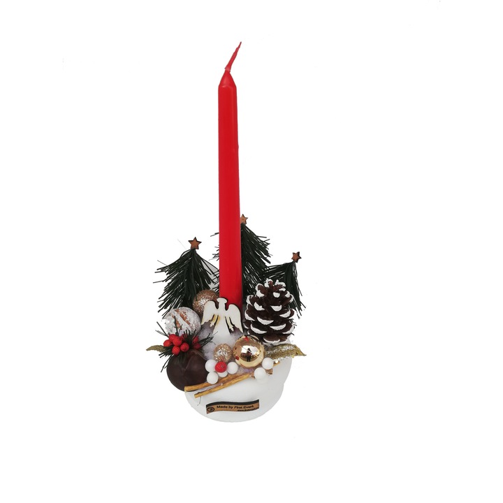 Decoratiune Craciun, First Event, in ghiveci ceramic, cu lumanare, globuri, braduti, conuri si ingeras, multicolor, dimensiune 28*10 cm