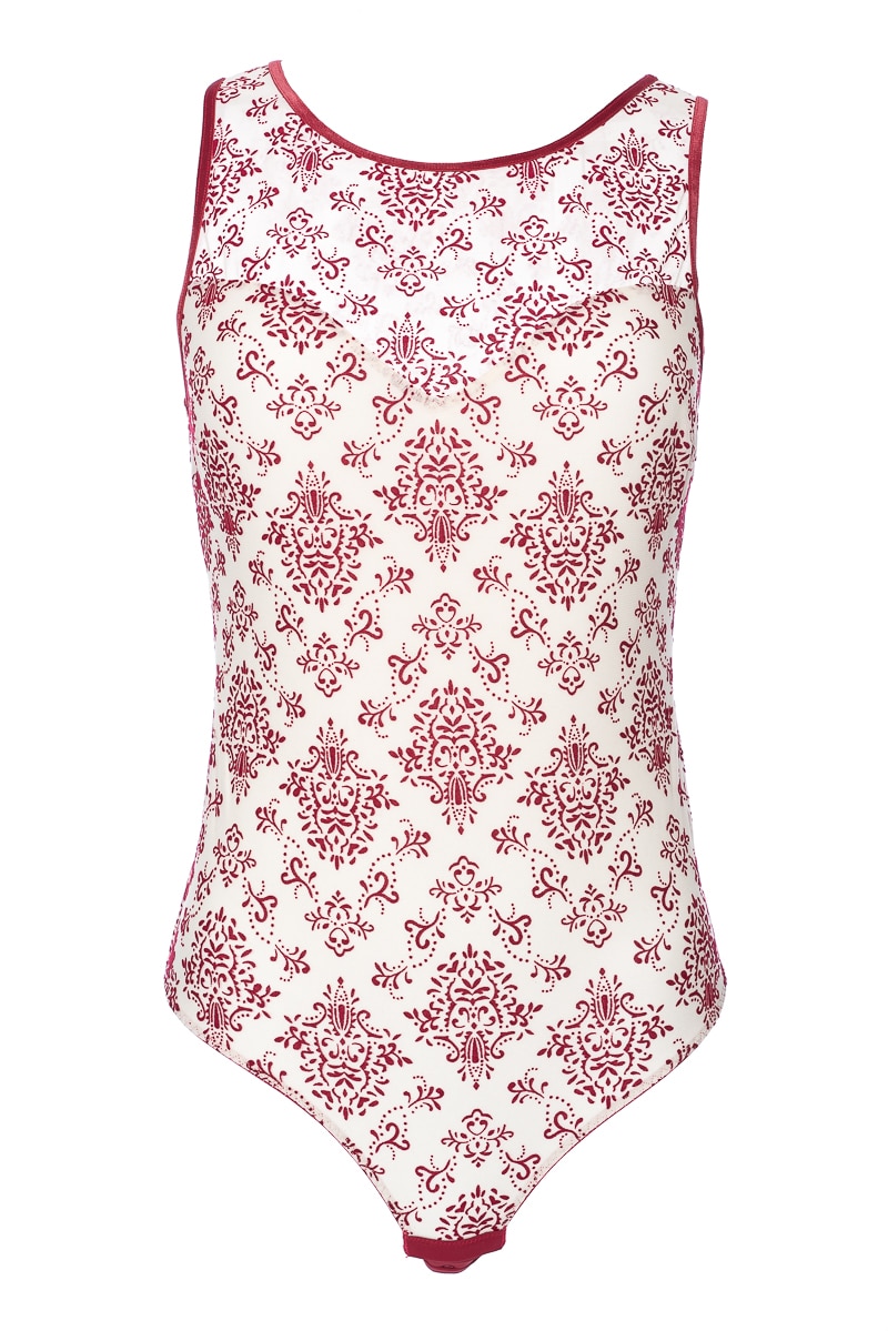 Body modelator de colectie din triplu voal si catifea, Intimamoda Velvet, Rosu/Alb