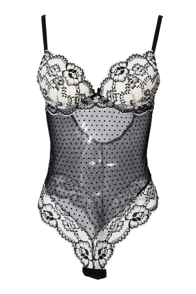 Body de colectie din dantela, triplu voal si catifea, Intimamoda Emerald 6661, Alb/Negru