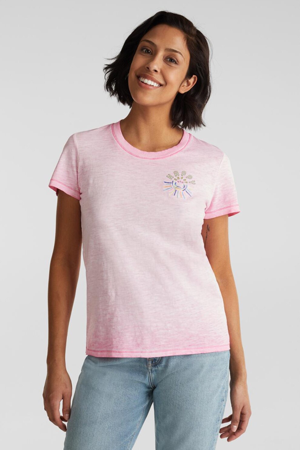 EDC by Esprit, Tricou de bumbac organic cu imprimeu text, Roz