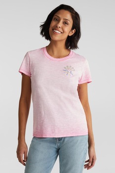 EDC by Esprit, Tricou de bumbac organic cu imprimeu text, Roz EDC by Esprit, Tricou de bumbac organic cu imprimeu text, Roz
