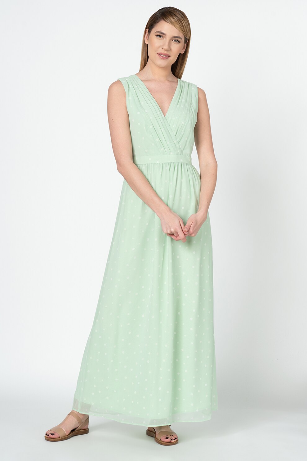 Esprit, Rochie maxi cu decolteu cache-coeur si buline, Verde menta