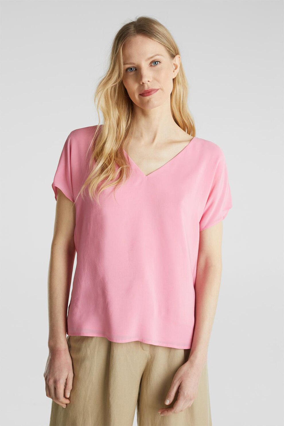 Esprit, Bluza din amestec de modal cu decolteu in V, Roz pastel