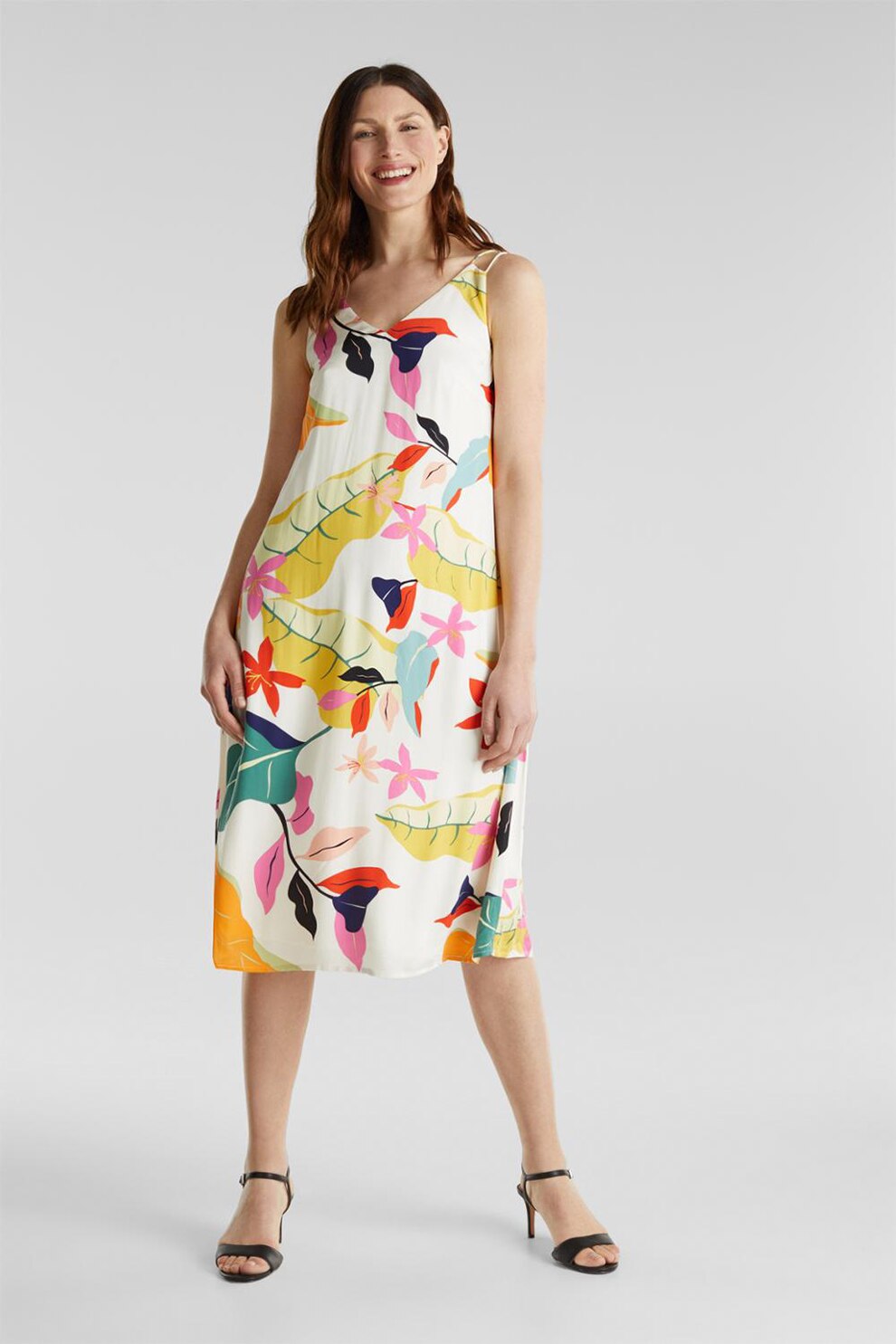 Esprit, Rochie midi cu decolteu in V, Alb prafuit/Galben/Roz, M