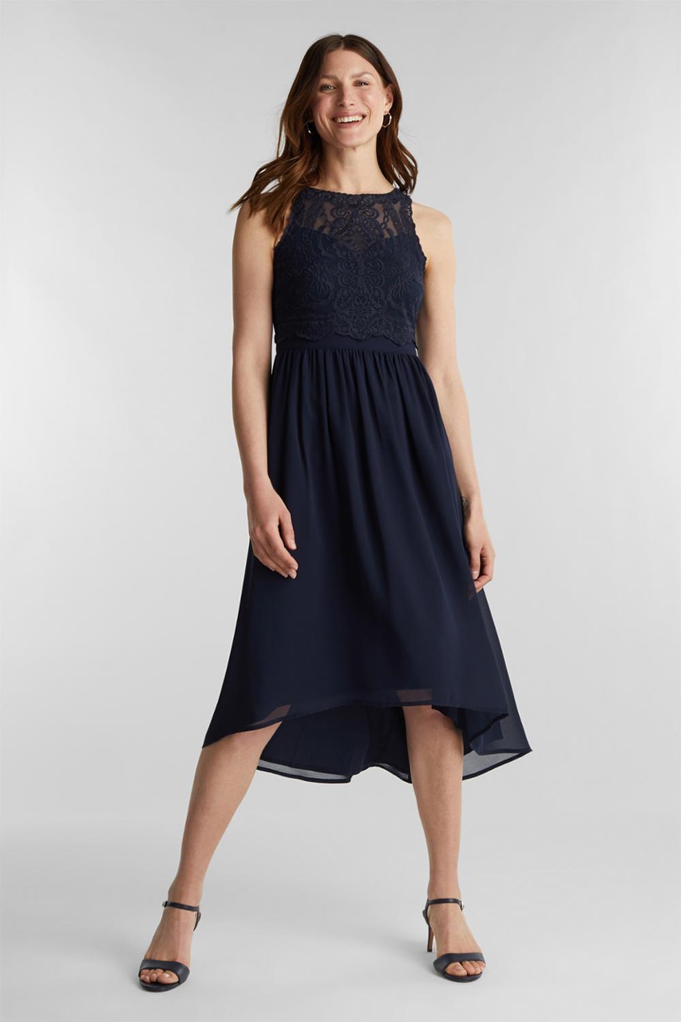 Esprit, Rochie vaporoasa cu aplicatii de dantela, Bleumarin