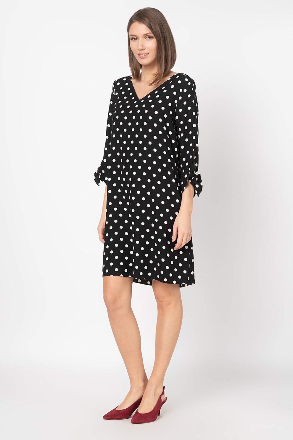 Esprit, Rochie cu decolteu in V si model cu buline, Negru/Alb prafuit, XS