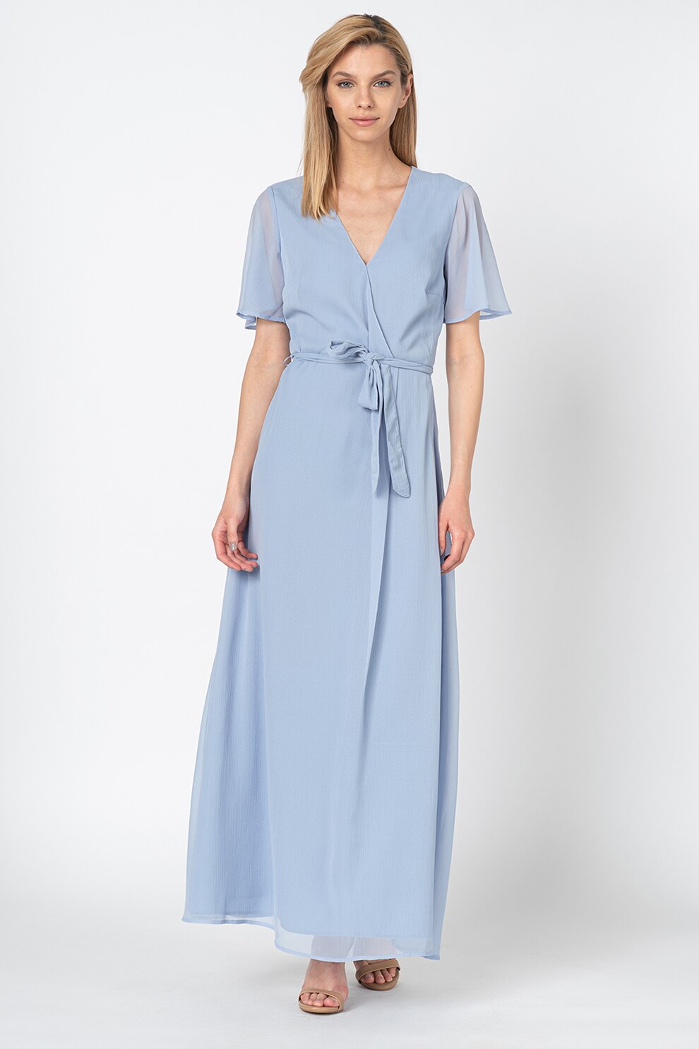 Esprit, Rochie maxi evazata cu maneci semi-transparente, Albastru