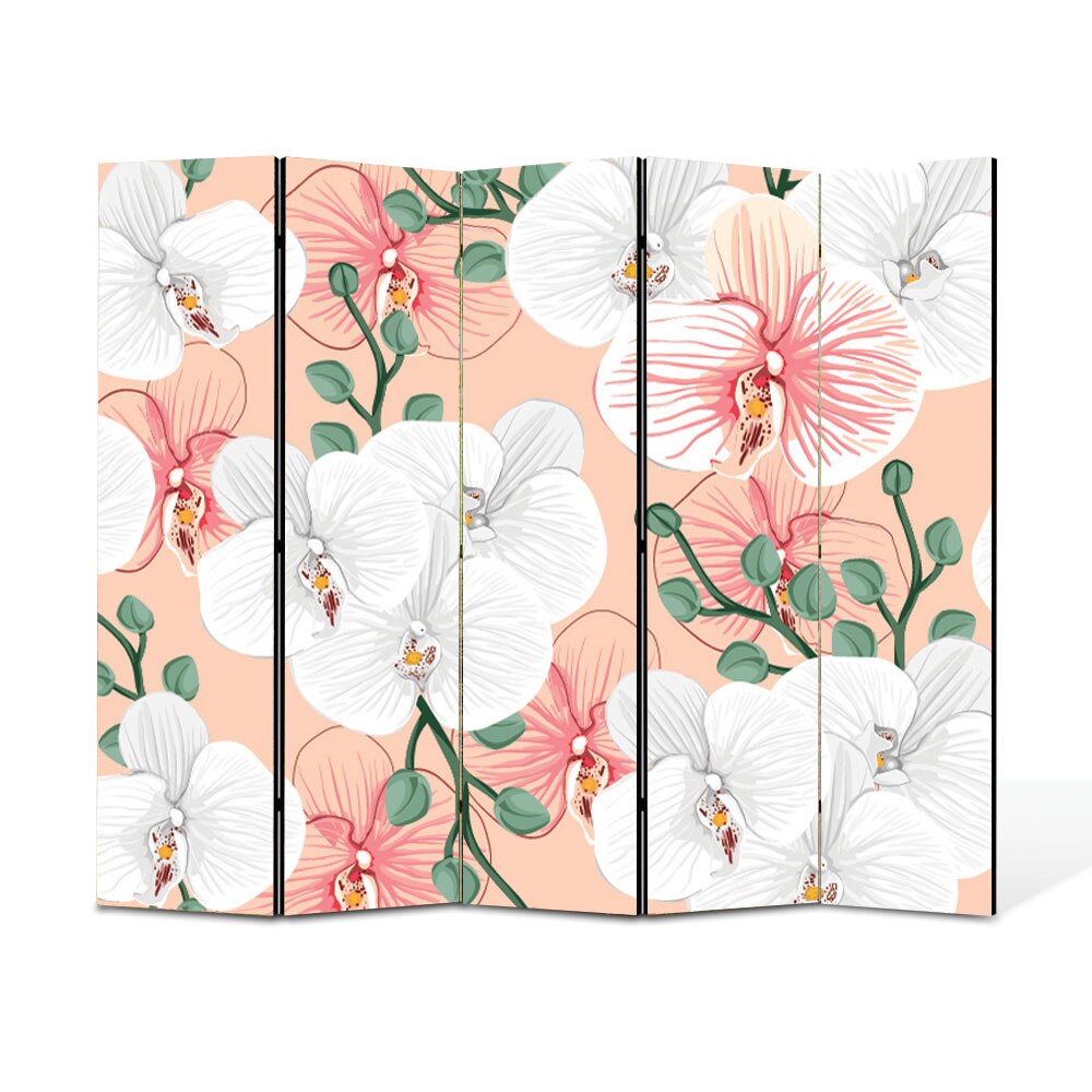 Paravan 5 piese Premium Heartwork TrueColor Flori albe cu frunze mici verzi, Panza pe cadru de lemn, Decoratiuni Moderne pentru Casa, 5 x 45 x 150 cm, 225 x 150 cm