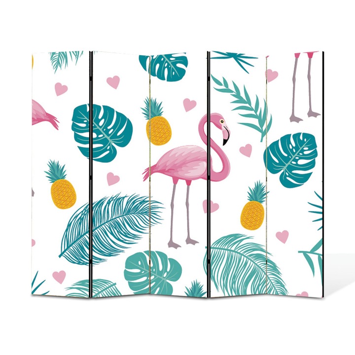 Paravan 5 piese Premium Heartwork TrueColor Flamingo si ananas printre frunze, Panza pe cadru de lemn, Decoratiuni Moderne pentru Casa, 5 x 45 x 150 cm, 225 x 150 cm