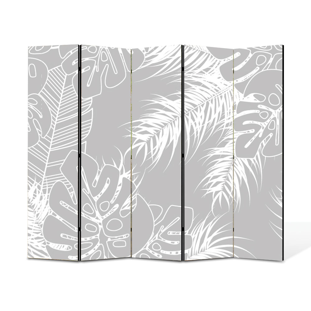 Paravan 5 piese Premium Heartwork TrueColor Frunze albe pe fundal bej, Panza pe cadru de lemn, Decoratiuni Moderne pentru Casa, 5 x 45 x 180 cm, 225 x 180 cm