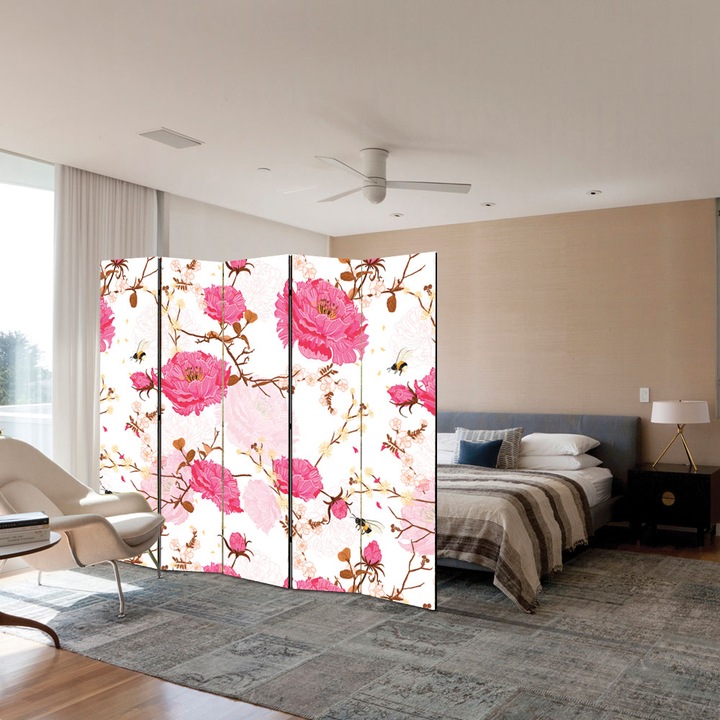 Paravan 5 piese Premium Heartwork TrueColor Flori roz pe fundal roz deschis, Panza pe cadru de lemn, Decoratiuni Moderne pentru Casa, 5 x 35 x 150 cm, 175 x 150 cm