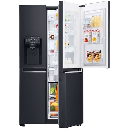 Side by side LG GSX961MCVZ InstaView Door in Door , 601 l, Clasa A++, Full NoFrost, Compresor Inverter Linear, Door Cooling, Negru