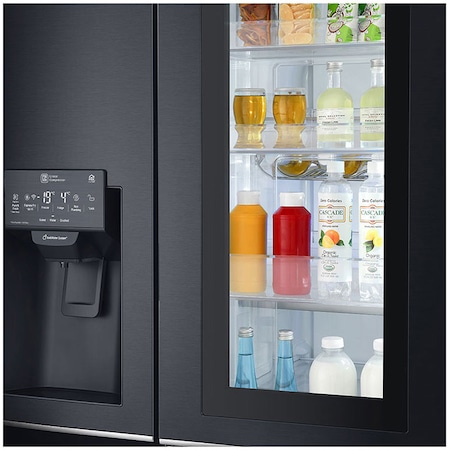 Side by side LG GSX961MCVZ InstaView Door in Door , 601 l, Clasa A++, Full NoFrost, Compresor Inverter Linear, Door Cooling, Negru