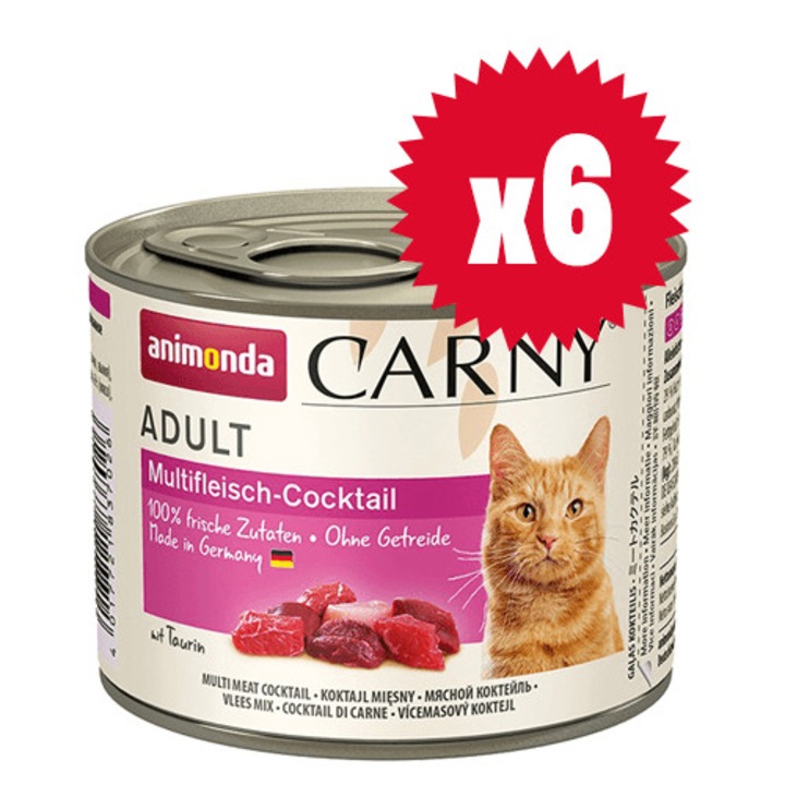 Консерва за котка Animonda Carny 100% прясно месо за израснали, 6x200 гр (мултикоктейл)