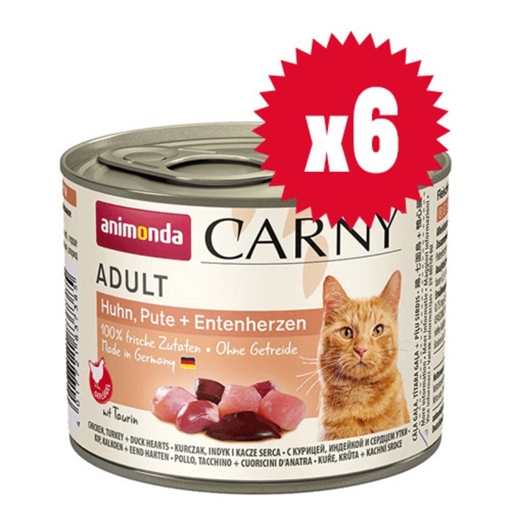 Консерва за котка Animonda Carny 100% прясно месо за израснали, 6x200 гр (пиле, пуйка и патешки сърца)