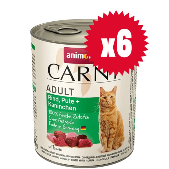 Консерва за котка Animonda Carny 100% прясно месо за израснали, 6x800 гр (телешко, пуйка и заек)