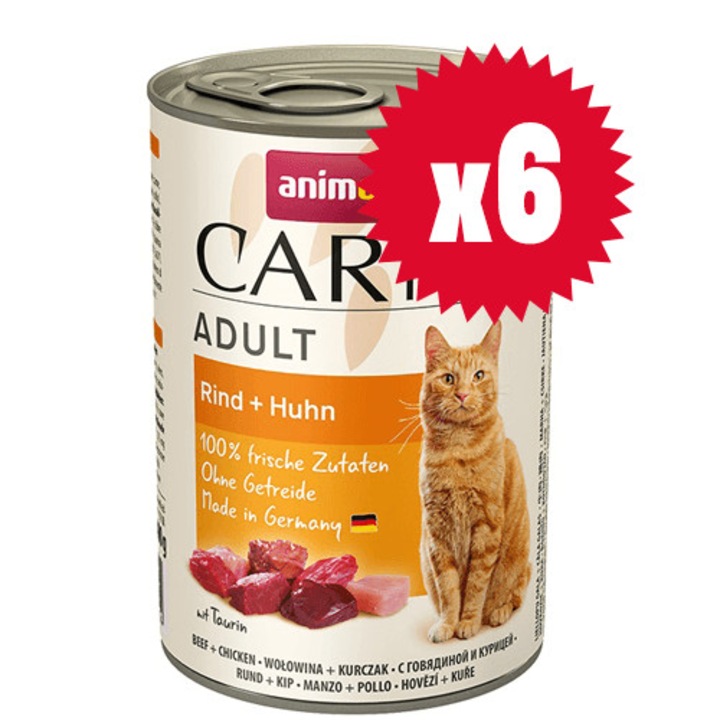 Консерва за котка Animonda Carny Adult 100% месо за израснали, 6х400 гр (телешко и пилешко)