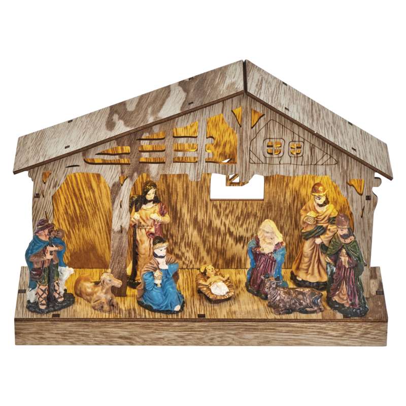 Decoratiune Craciun, Scena Nasterii, Lemn natur, Emos, 5 LED 0.3W, Lumina Calda, 3xAA, IP 20