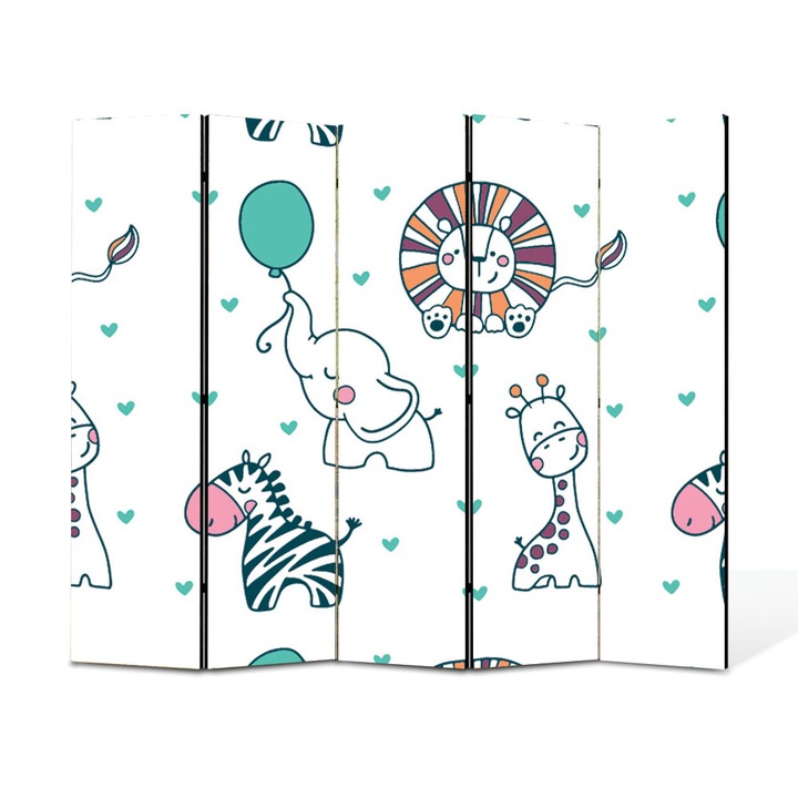 Paravan 5 piese Premium Heartwork TrueColor Animale salbatice si inimioare, Panza pe cadru de lemn, Decoratiuni Moderne pentru Casa, 5 x 35 x 150 cm, 175 x 150 cm