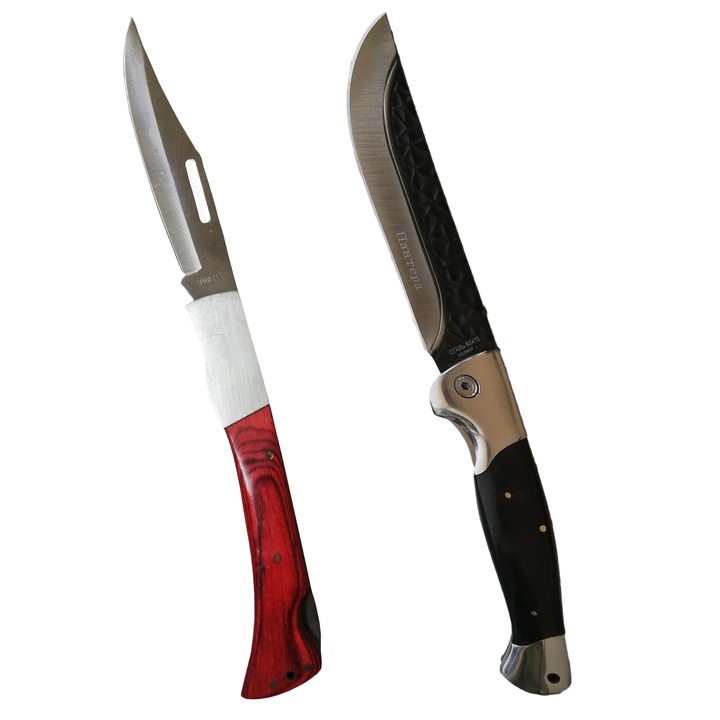 Set 2 cutite,Cutit tip briceag 26 cm,marimea XL, blocare lama,Cutit tip briceag , otel, model negru pe lama, 26 cm , argintiu,rusesc