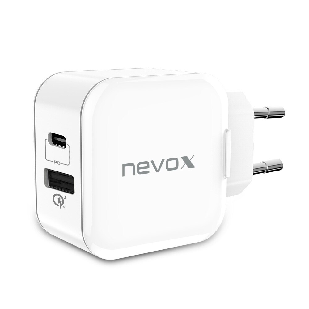 Incarcator priza fast charge 18W NEVOX, USB-C Power Delivery + USB Qualcomm Quick Charge 3.0, alb