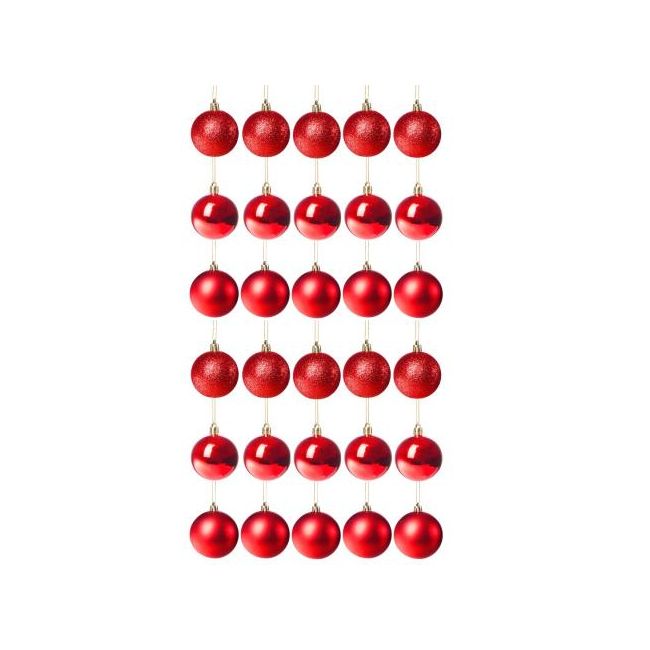 Set globuri Craciun, pentru brad, din plastic, 6cm, 30 buc, rosu