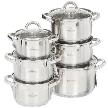 Set de Oale din Inox Bohmann, 12 Piese, Otel Inoxidabil, 7 Straturi, Baza Incapsulata, Margini Curbate, Capace din Sticla cu Orificiu pentru Eliberarea Aburului, Design Modern, Argintiu Set de Oale din Inox Bohmann, 12 Piese, Otel Inoxidabil, 7 Straturi, Baza Incapsulata, Margini Curbate, Capace din Sticla cu Orificiu pentru Eliberarea Aburului, Design Modern, Argintiu