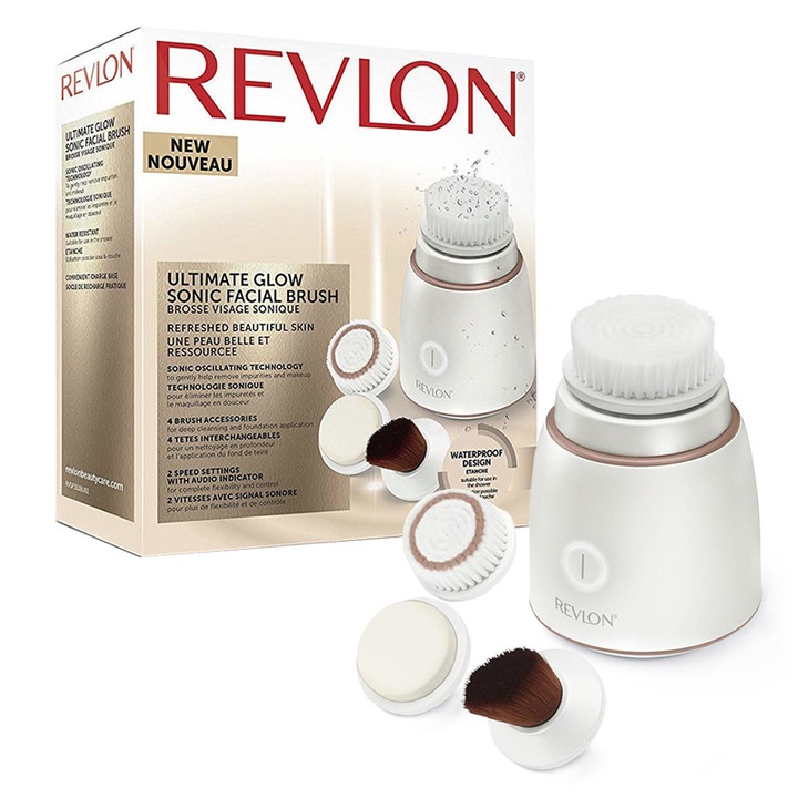 Perie electrica pentru fata REVLON Ultimate Glow Sonic RVSP3538E, vibratii sonice, 4 capete