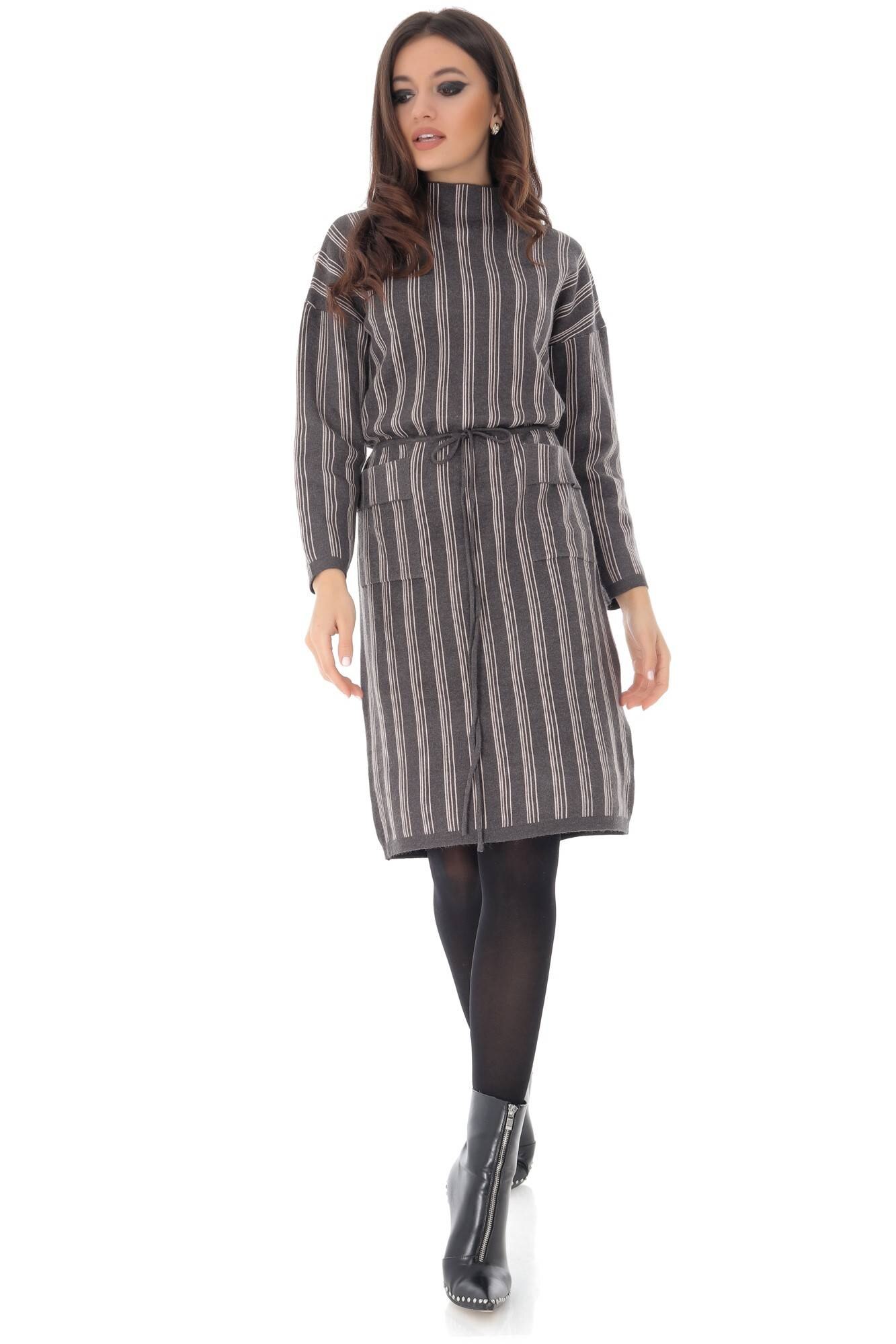 Rochie gri, ROH, cu dungi, cu maneci trei sferturi