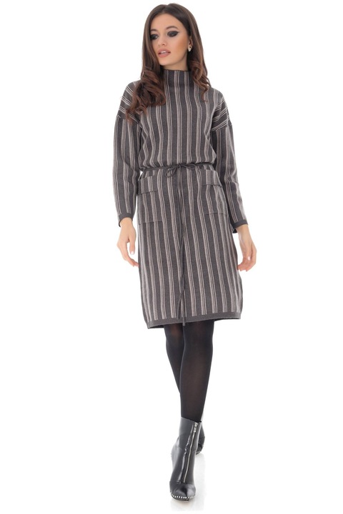 Rochie gri, ROH, cu dungi, cu maneci trei sferturi