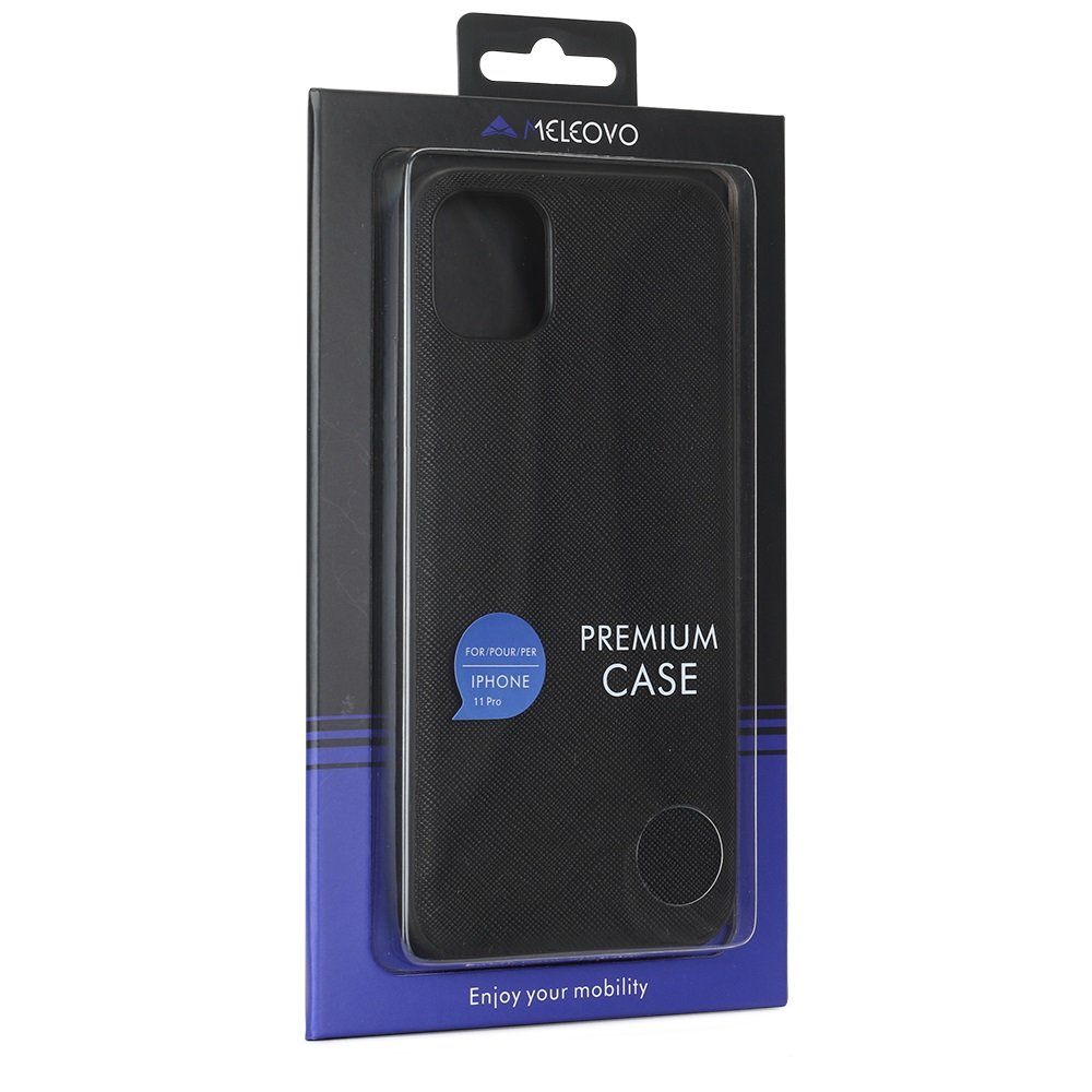 Husa Meleovo Saffiano Magnetic pentru iPhone 11 Pro, placuta metalica integrata, Black