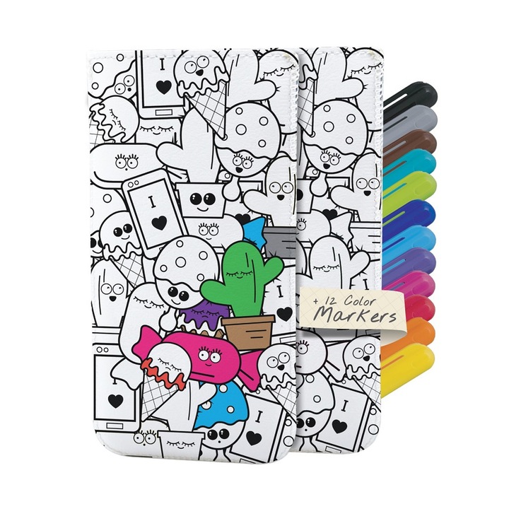Универсален кожен калъф Red Ant Creative Case Doodle, 4XL, Ръчна изработка, Бял
