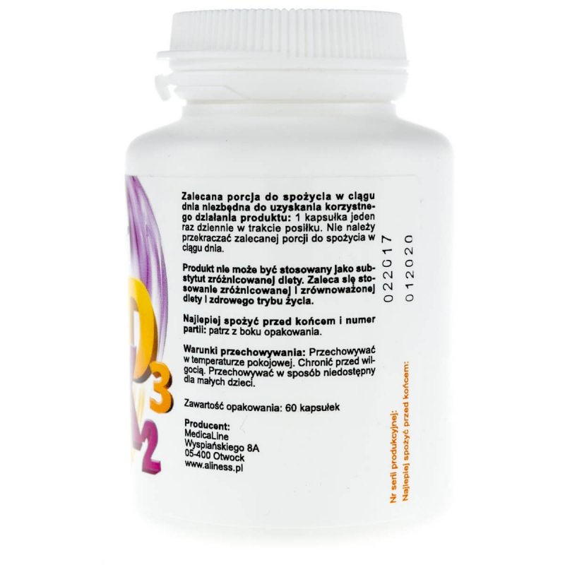 Supliment alimentar Aliness Vitamina K2 FORTE MK-7 200 pg cu Natto + D3 - 60 capsule