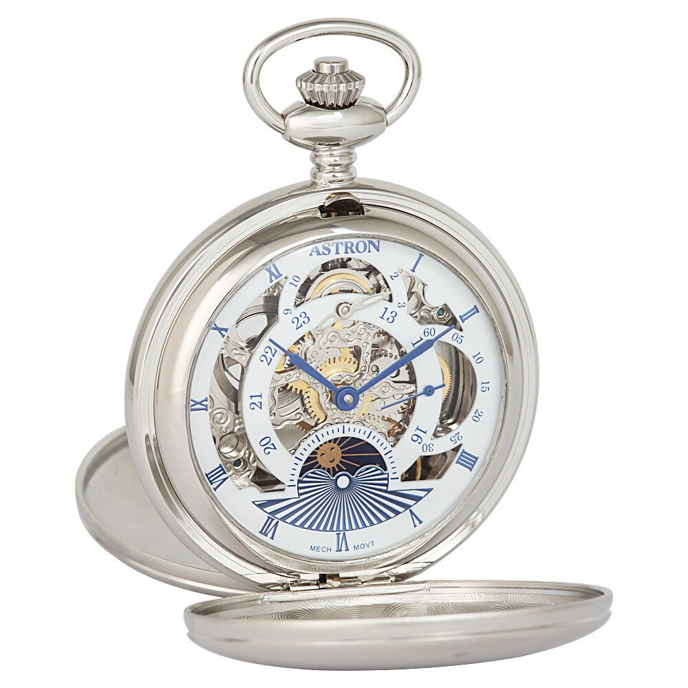 Ceas de buzunar ASTRON, mecanism mecanic, carcasa argintie, cifre romane, 50 mm