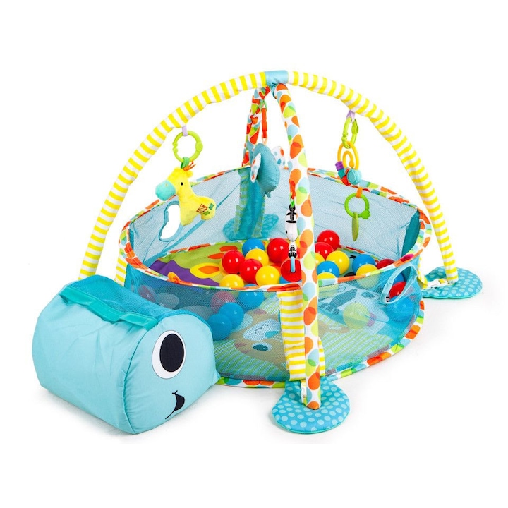 IMK Teknős alakú játszó szőnyeg, színes labdákkal, függő játékokkal, tároló zsebbel, kék, 100 x 68 x 50 cm
