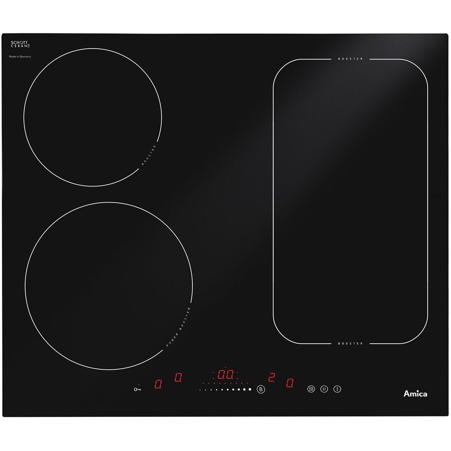 Plita incorporabila Amica HI6281DI64, Inductie, 4 zone de gatit, Power Booster, Timer, 57.6 cm, sticla Neagra