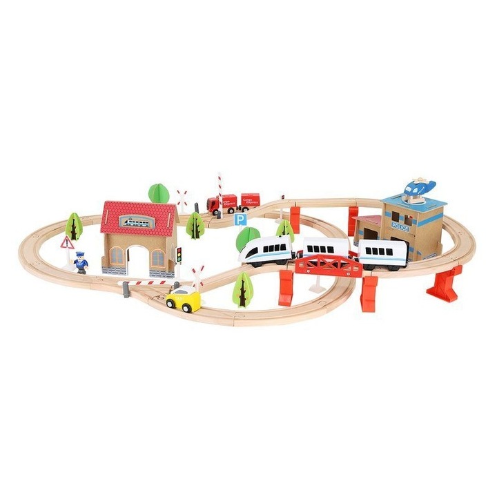 Circuit Trenulet Din Lemn Natural Cu 89 De Accesorii Incluse, WoodTrain, Cu Traseu Multifunctional