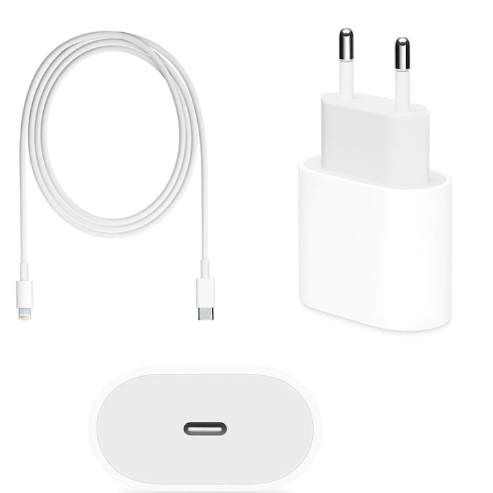 Зарядно устройство Fast Charge SmartGSM, съвместимо с Apple iPhone 12 Pro Max, 12 Pro, 12 Mini, 12, 11, 11 Pro, 11 Pro Max, XS Max, XS, X, XR, 8, 8 Plus, зарядно устройство Fast Charge SmartGSM 20W и Кабел за данни бързо зареждане 1m Type-C - Lightning