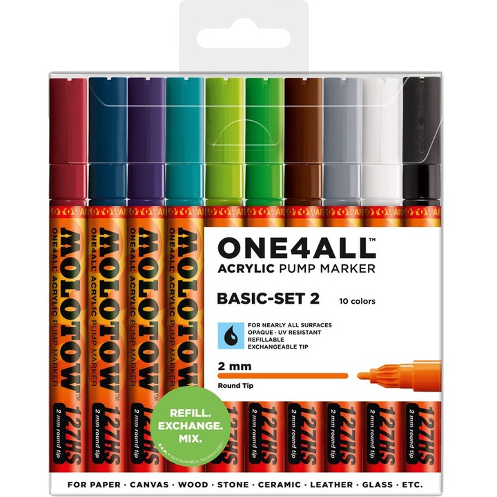 Marker acrilic Molotow One4All 127HS 2mm portofel Basic-Set 2 10 buc
