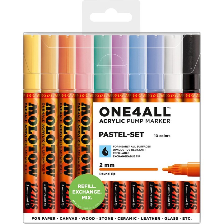 Marker acrilic Molotow One4All 127HS 2mm portofel Pastel-Set 10 buc