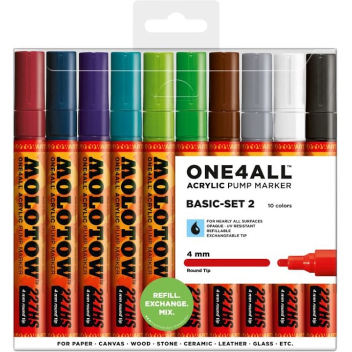 Marker acrilic Molotow ONE4ALL™ 227HS portofel Basic-Set 2, 10 buc