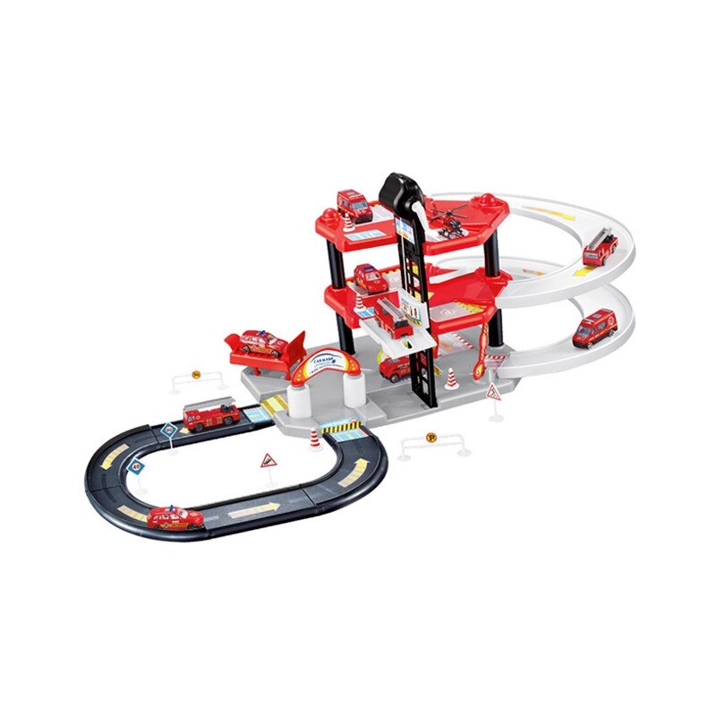 Garaj de masini multifunctional Alibibi cu patru masinute si un elicopter inclus