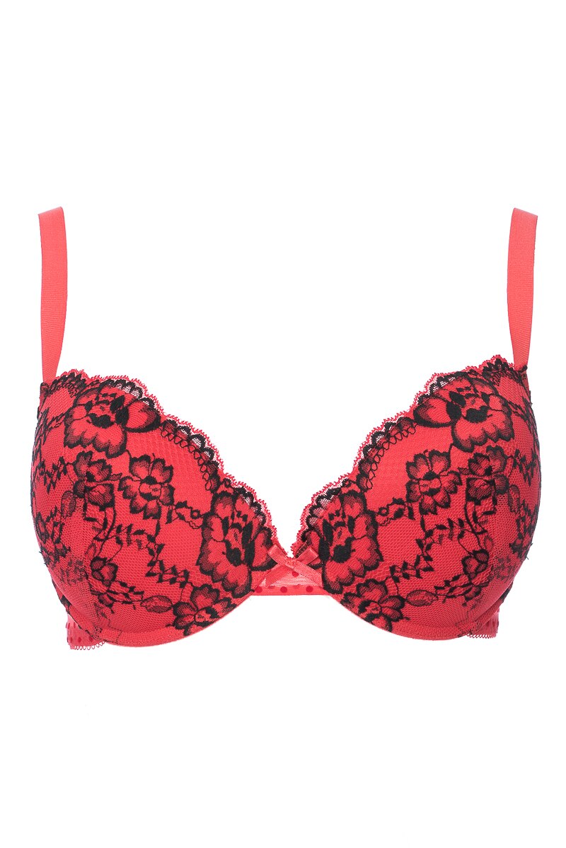 Sutien de colectie cu burete subtire, din dantela, triplu voal si catifea, Intimamoda Emerald 6662, Rosu/Alb