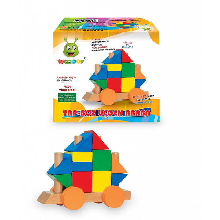 Дървена детска играчка цветен конструктор количка