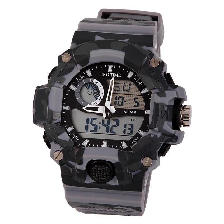 Ceas barbatesc Tiko Time, material plastic, mecanism quartz, culoare camuflaj gri, afisaj LCD