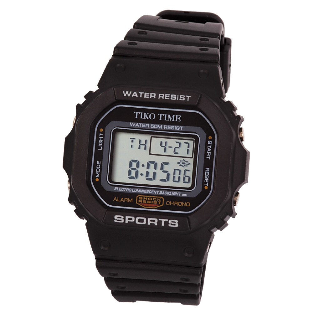 Ceas barbatesc Tiko Time, material plastic, mecanism quartz, carcasa si bratara neagra, afisaj LCD