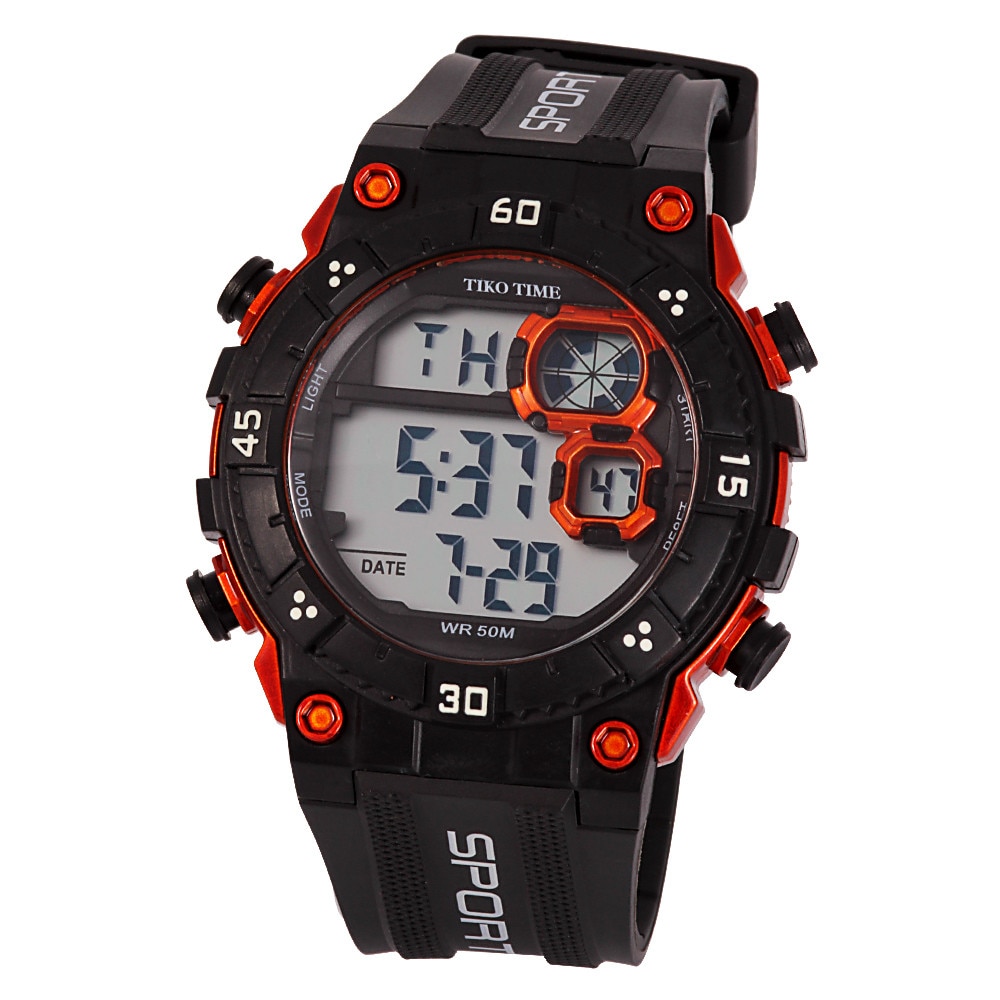 Ceas barbatesc Tiko Time, material plastic, mecanism quartz, culoare neagra, afisaj LCD